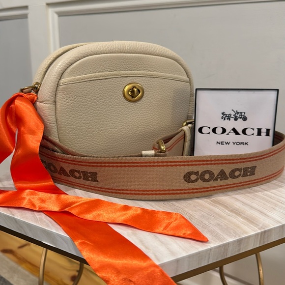 Coach Handbags - Coach Bag Cream Pebbled Leather Turnlock Camera Crossbody and Logo Canvas Strap